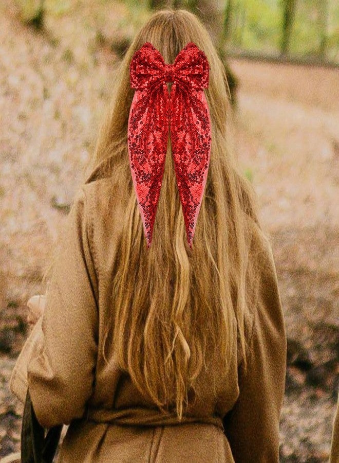 Kefley Large Sequin Red Bows Hair Clips with Long Ribbon Tail Christmas Hair Bows for Women Festival Cheerleader Hair Bows Clips Barrettes Ponytail Holder - Image 5